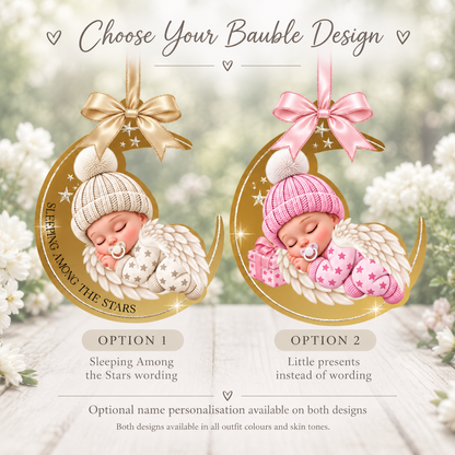 Sleeping Angel Baby memorial bauble design choices showing Option 1 with Sleeping Among the Stars wording and Option 2 with little presents.