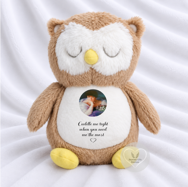 Sleeping owl memorial teddy bear personalised with photo and Cuddle From Heaven wording