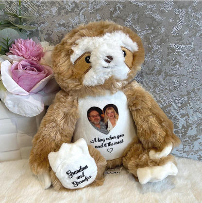 Sloth photo memory teddy personalised with memorial photograph and wording