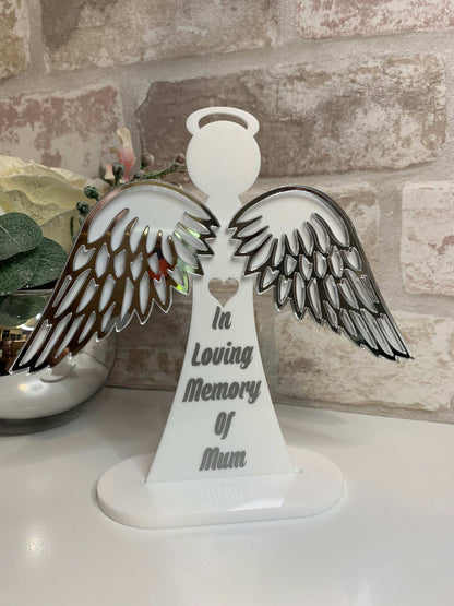 Freestanding memorial angel with mirrored wings and personalised name