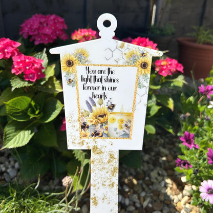 Sunflower and bee graveside lantern marker with remembrance poem