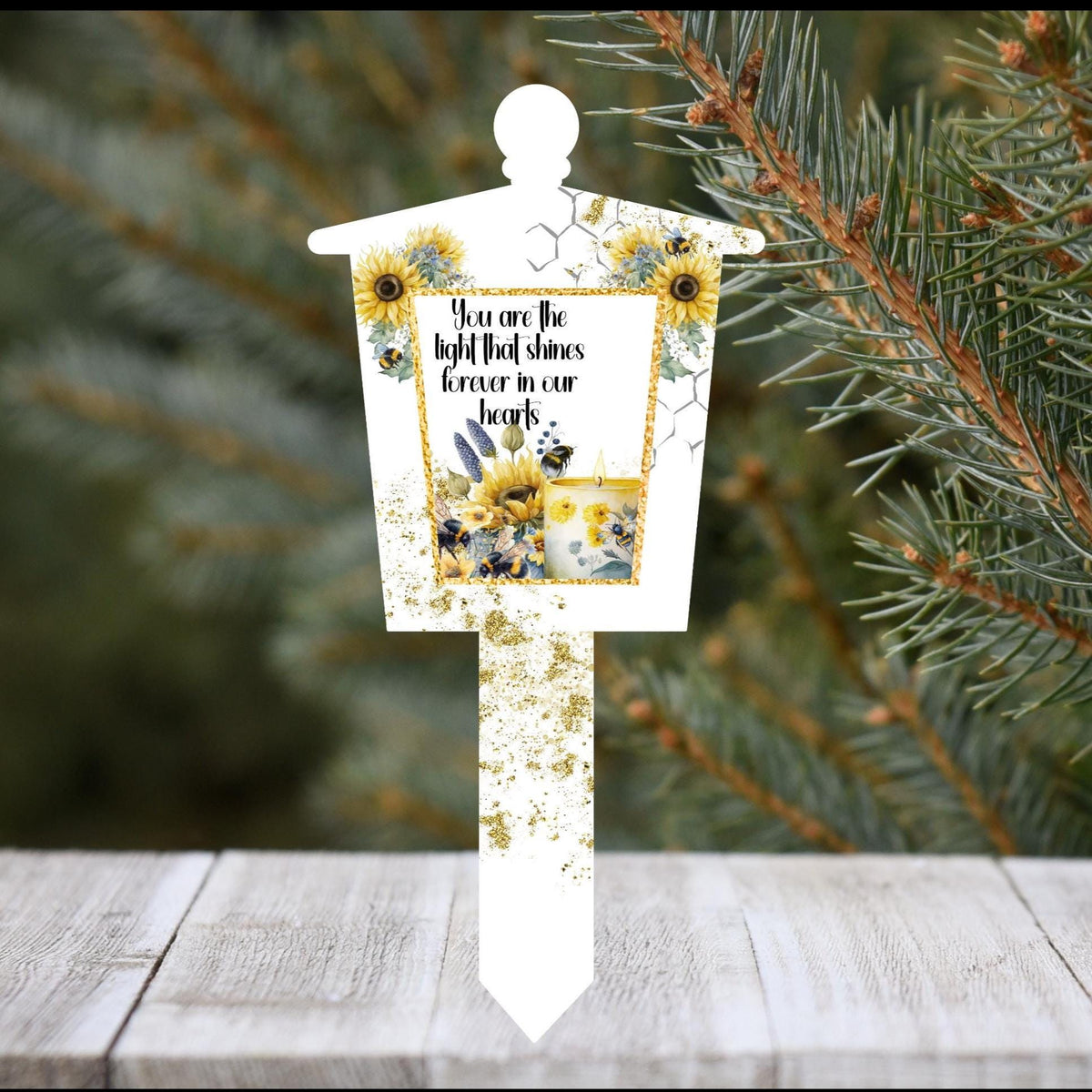 Sunflower and bee remembrance lantern marker for graveside display