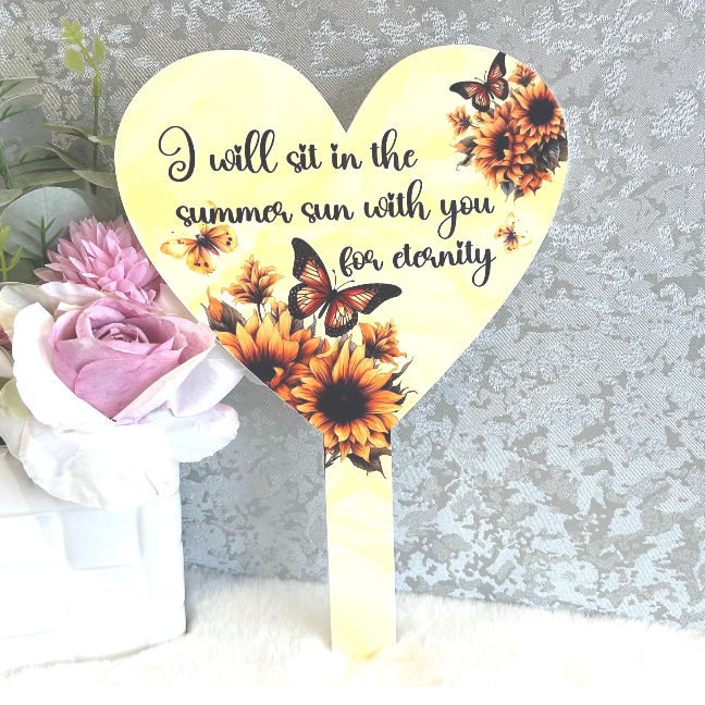 Sunflower and butterfly heart grave marker design with memorial wording