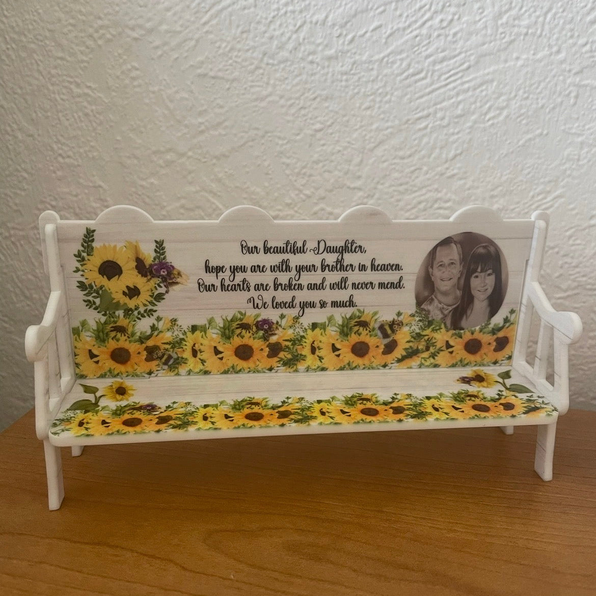 Personalised sunflower memorial bench for Daughter with family photo and custom remembrance wording