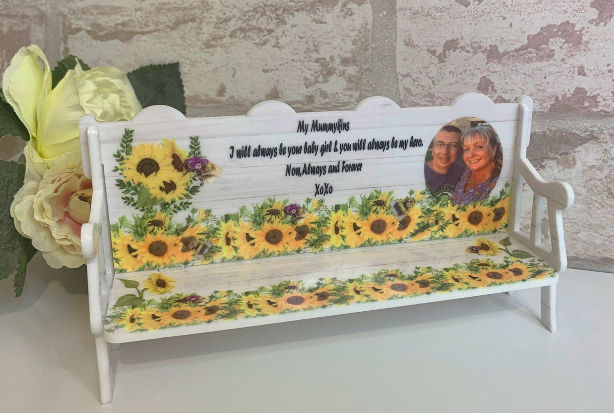 Sunflower memorial bench keepsake personalised in memory of a loved one