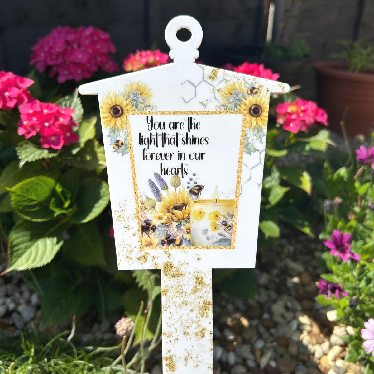 Sunflowers and bees lantern grave marker personalised memorial tribute