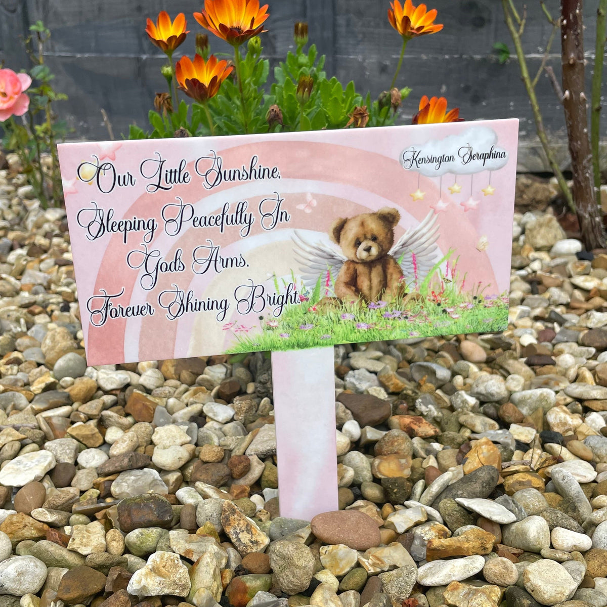 Teddy bear baby remembrance grave marker with personalised name