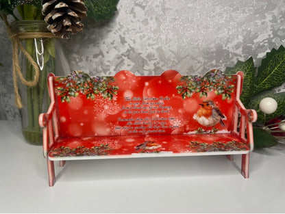This Little Christmas Robin memorial bench with red festive design and remembrance poem