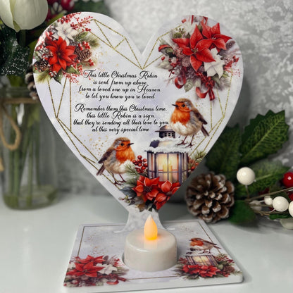 This Little Christmas Robin memorial heart tealight holder