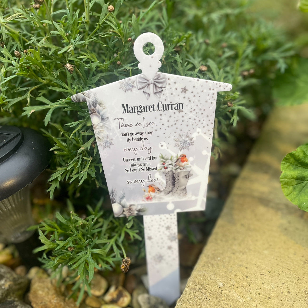 Those We Love boots and robin Christmas memorial grave marker