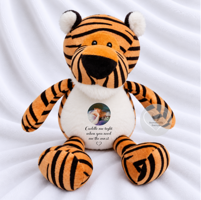 Tiger memorial teddy bear personalised with photo and remembrance wording