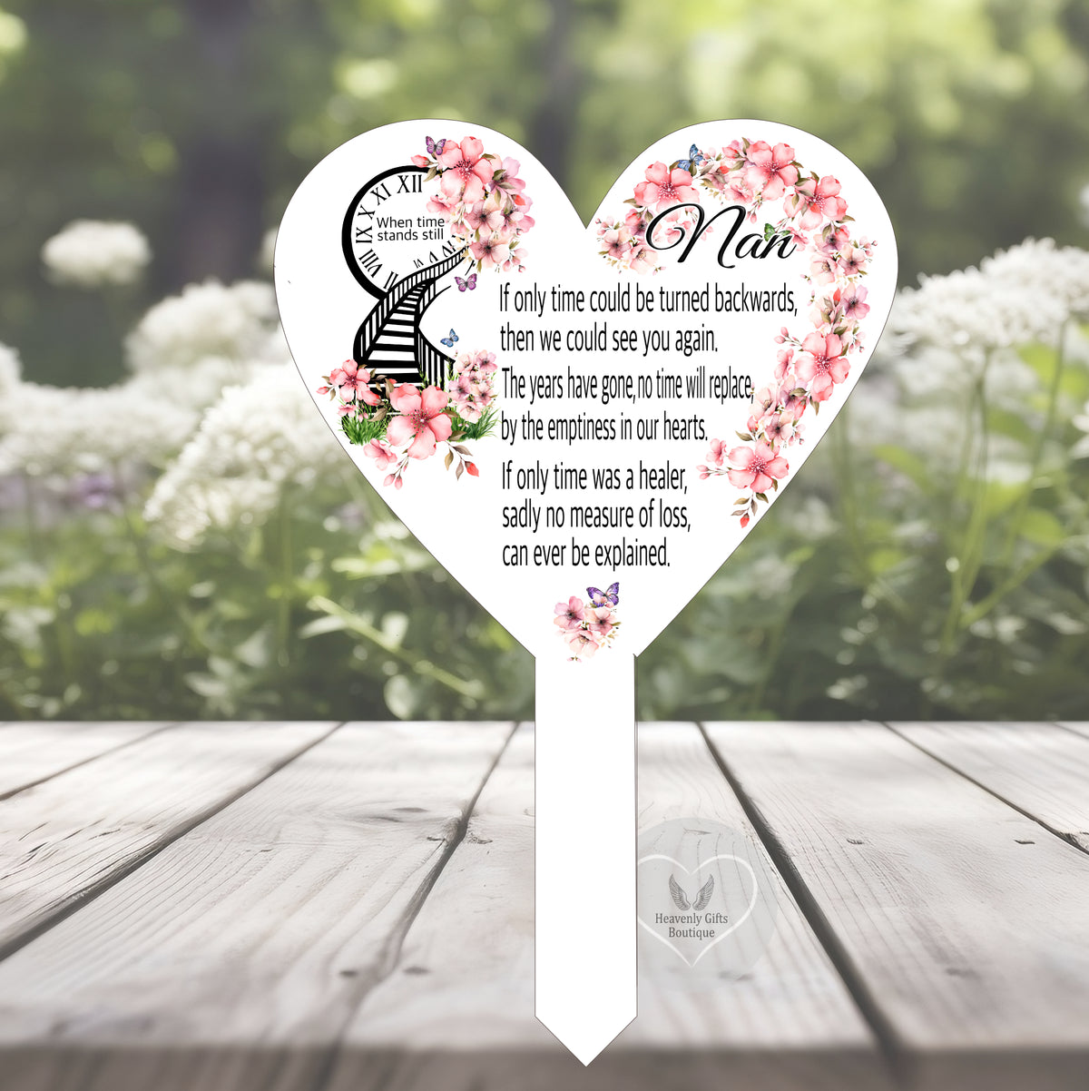 Time Stands Still heart grave marker personalised for Nan