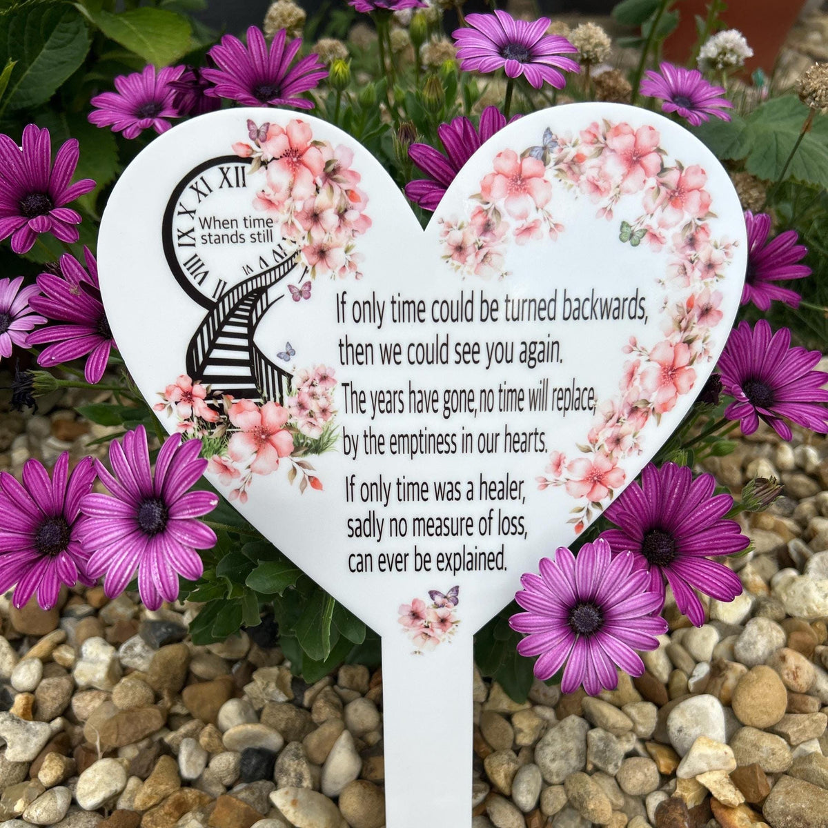 Time Stands Still heart memorial grave marker with remembrance poem