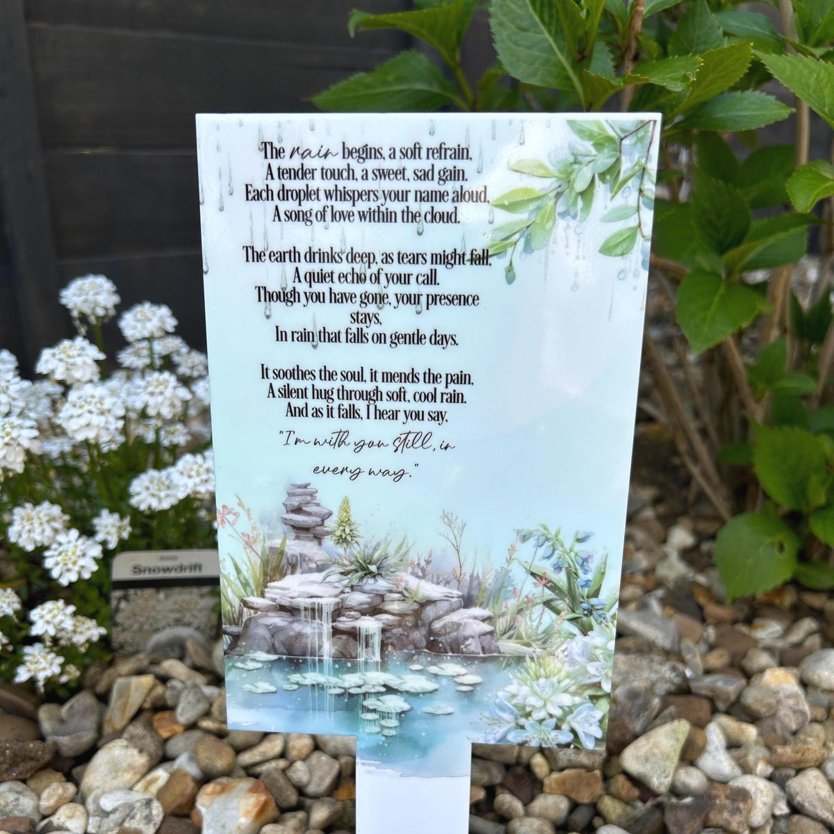 Waterfall remembrance grave marker with memorial poem