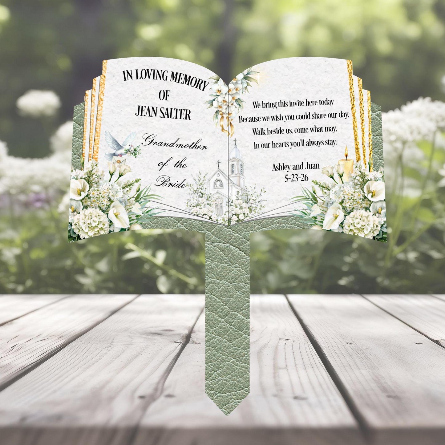 Wedding invitation memorial grave marker with personalised names and wedding date