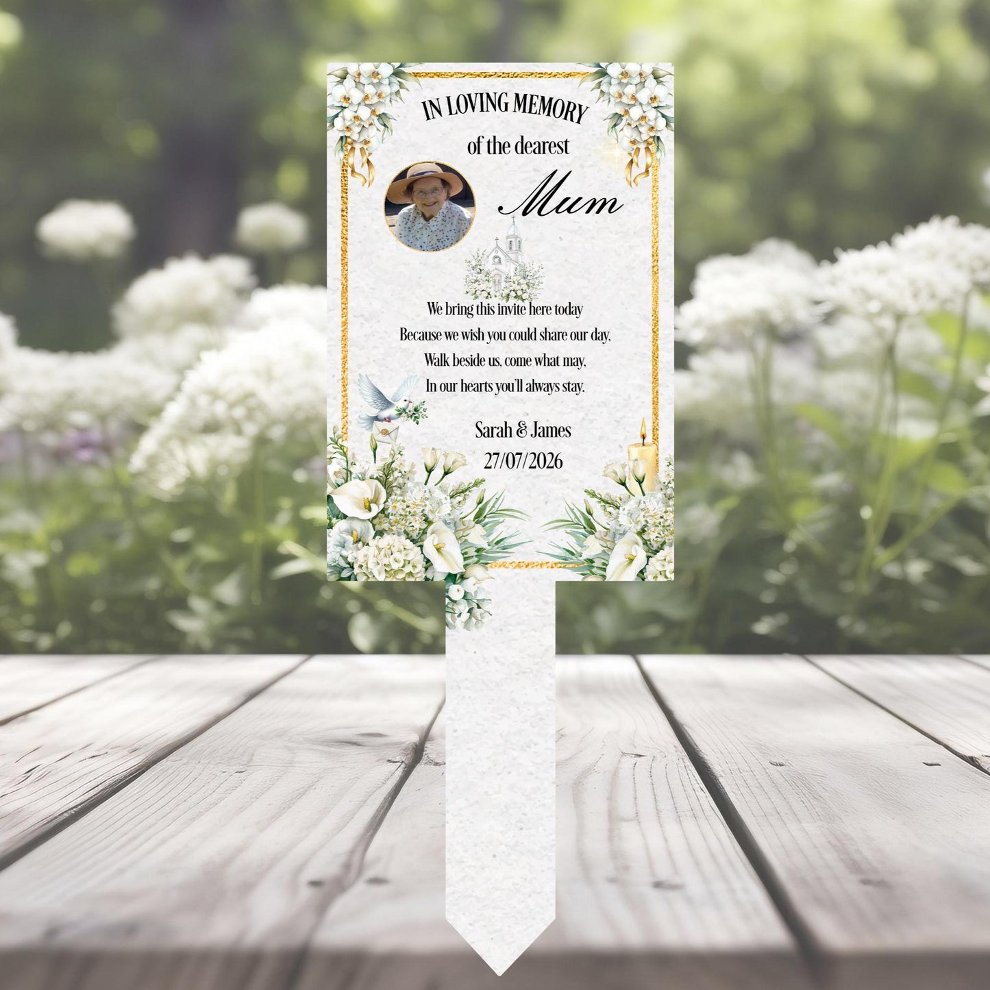 Wedding memorial grave marker Reserved Seat in Heaven with white floral design