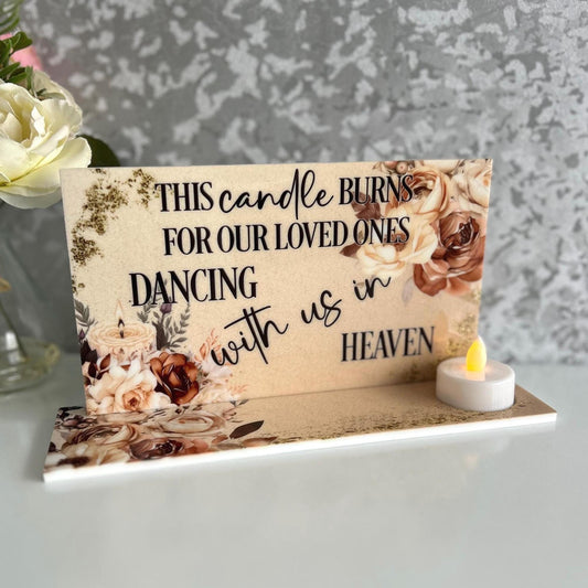 Wedding memorial tealight plaque with Dancing With Us In Heaven remembrance wording