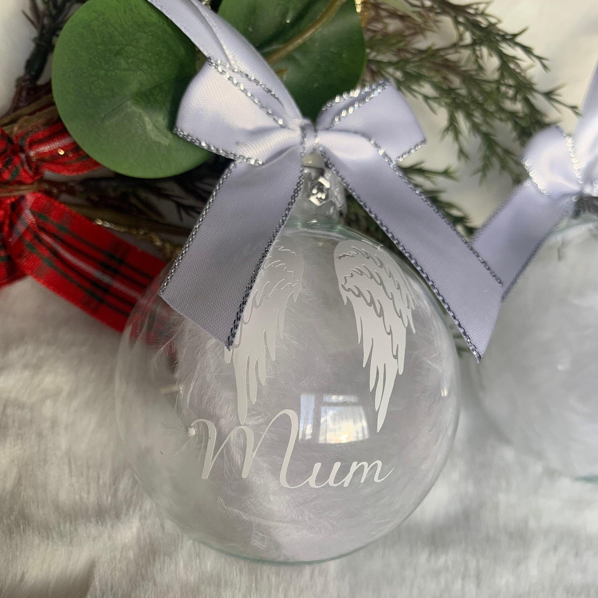 White feather memorial bauble personalised for a loved one