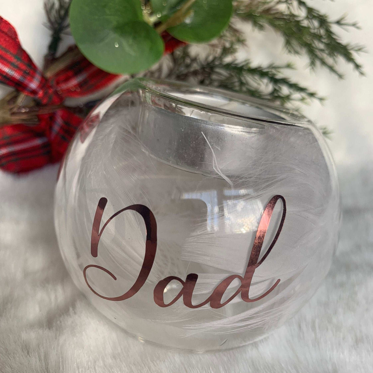 White feather memorial glass tealight holder personalised for remembrance