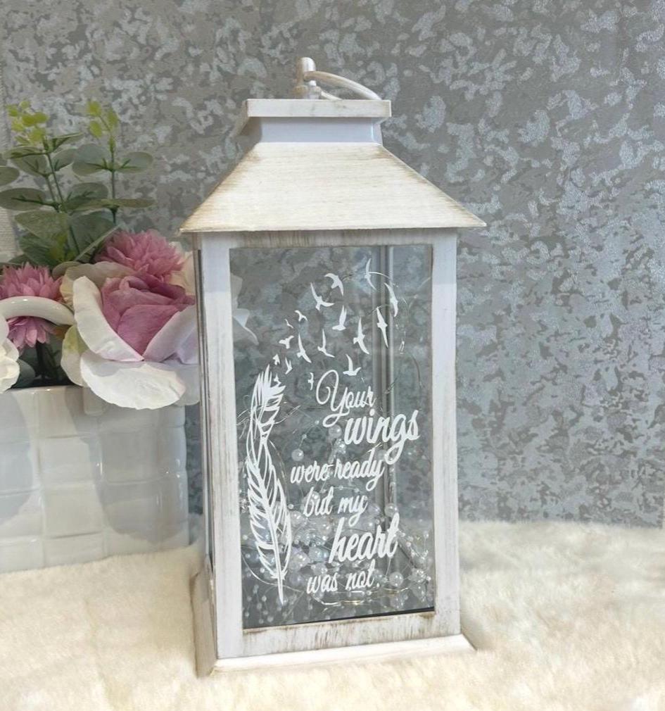 White large memorial lantern with feather and bird design and remembrance quote
