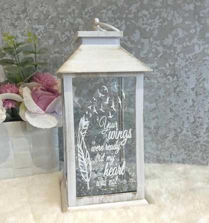 White large memorial lantern with feather and bird design and remembrance quote