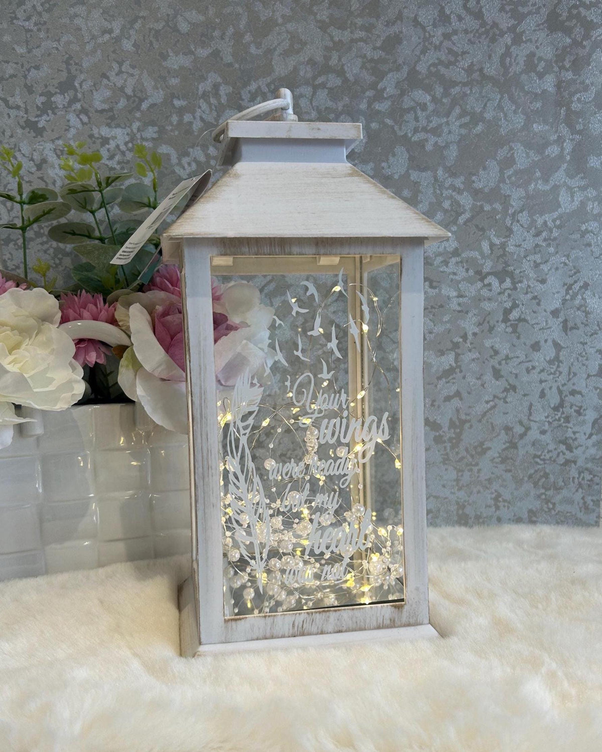 Illuminated white large memorial lantern with warm LED lights and remembrance quote