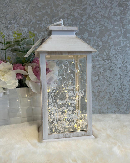 Illuminated white large memorial lantern with warm LED lights and remembrance quote
