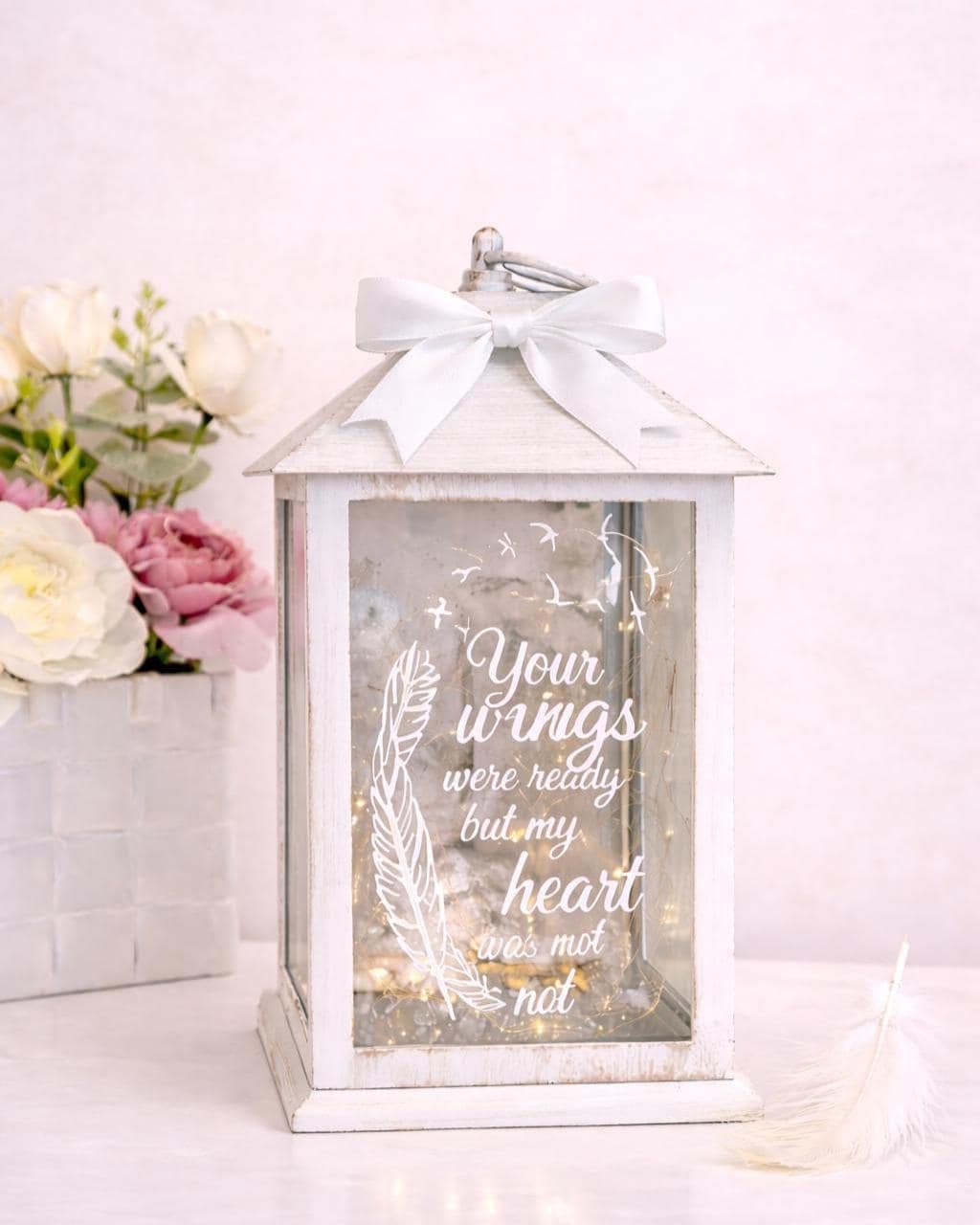 White large personalised memorial lantern with bow and Your Wings Were Ready quote
