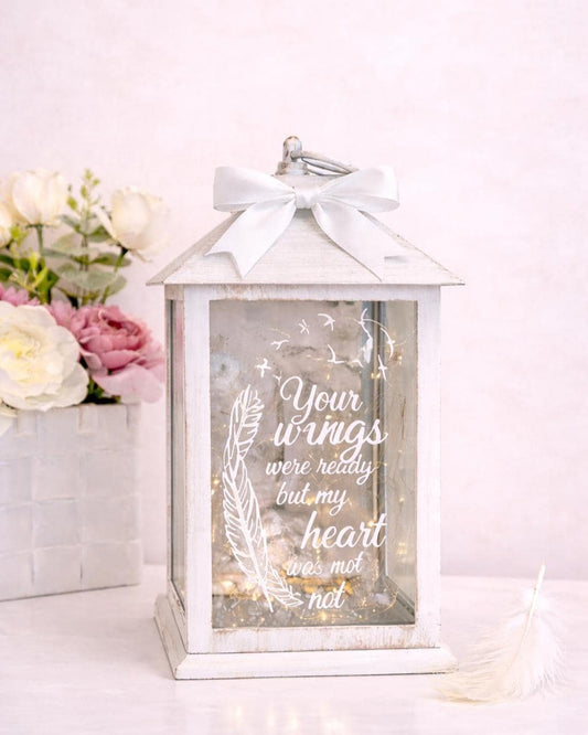 White large personalised memorial lantern with bow and Your Wings Were Ready quote
