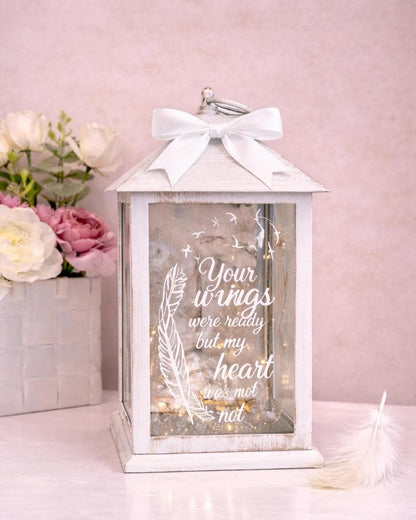 White large personalised memorial lantern with white bow and Your Wings Were Ready quote