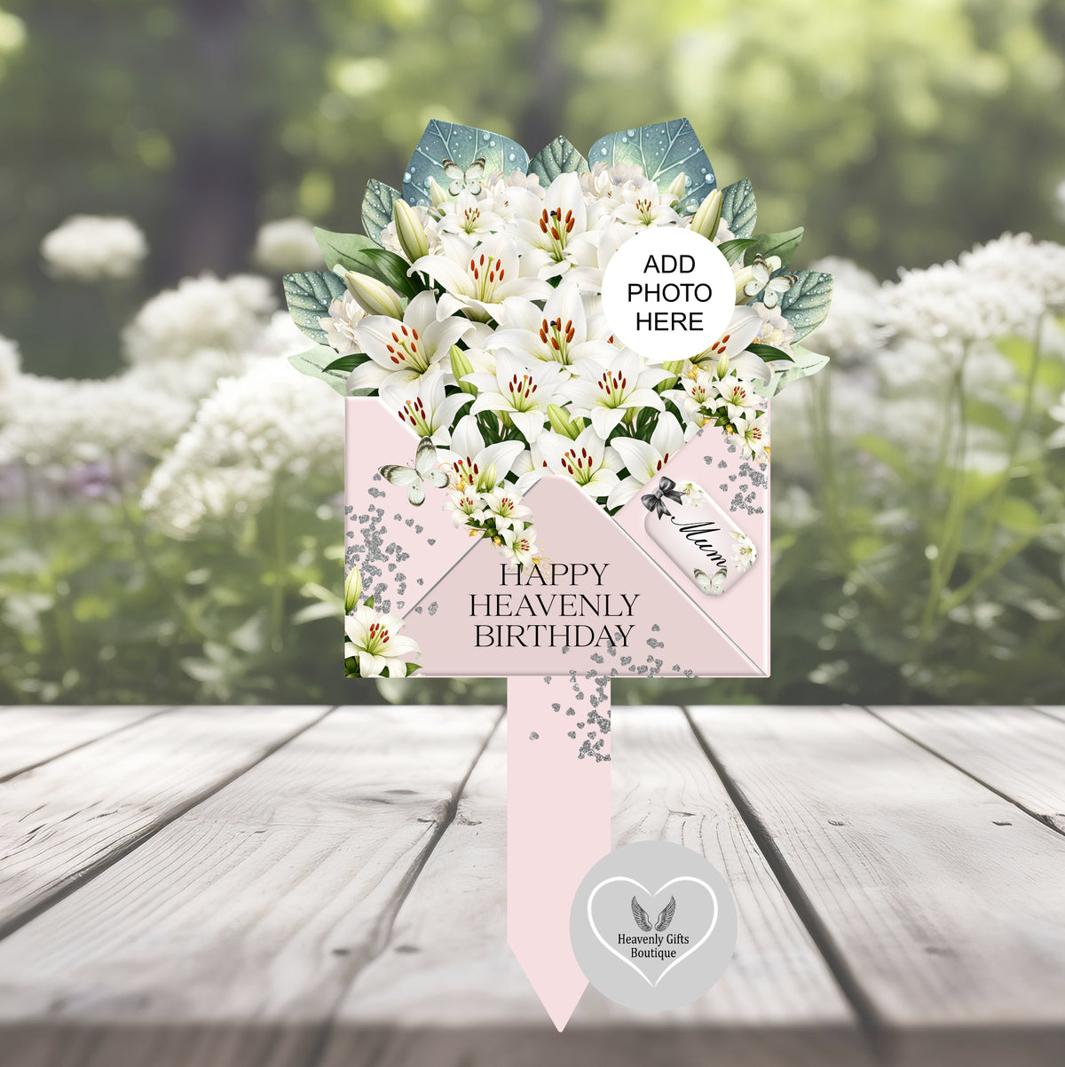 White lily heavenly birthday grave marker with personalised photo