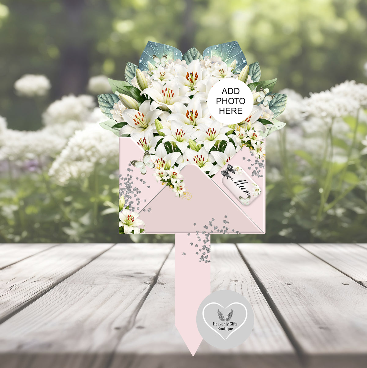 White lily memorial grave marker with personalised photograph
