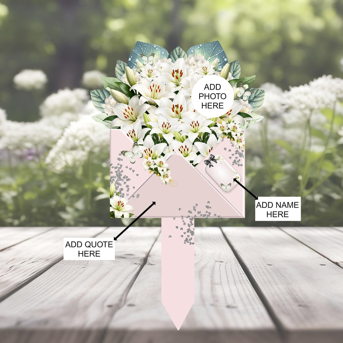 White lily memorial flower marker with heavenly birthday wording