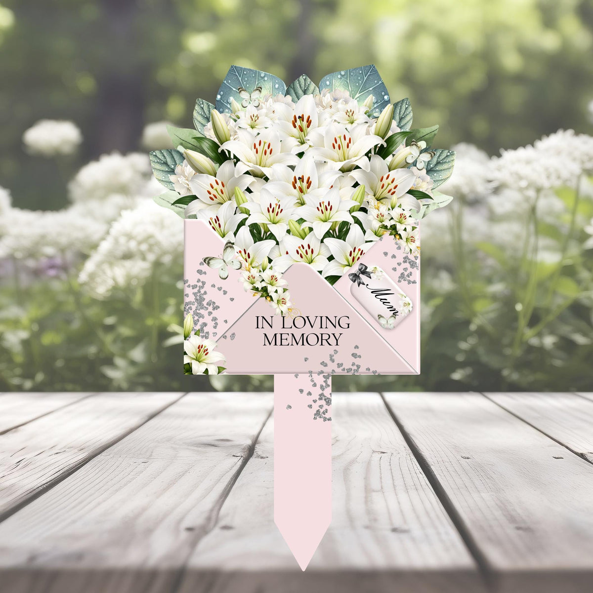 White lily grave marker with In Loving Memory design