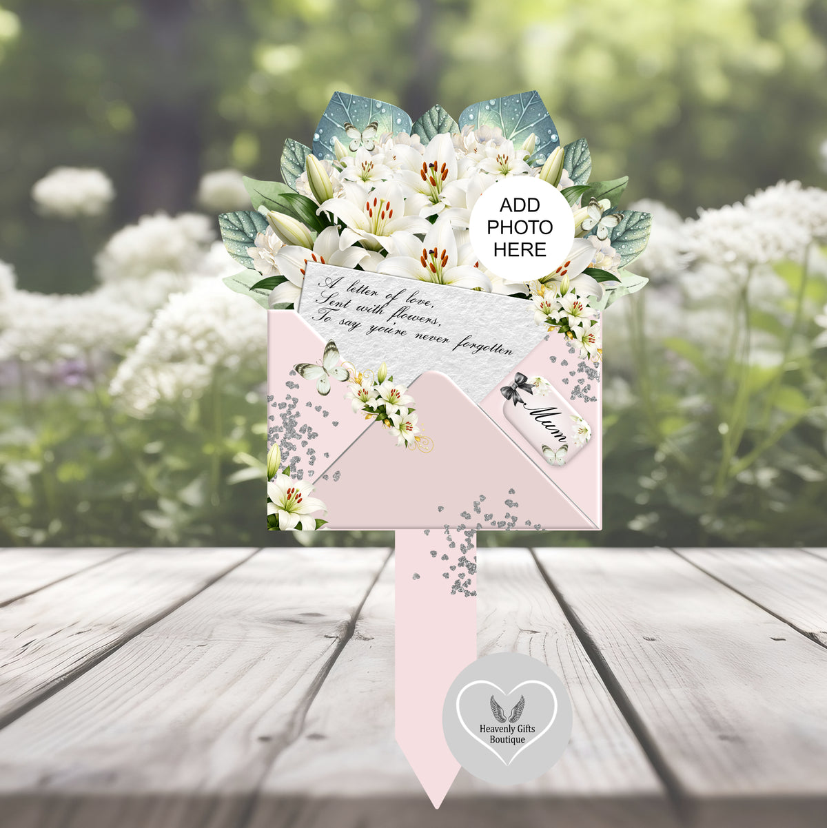 White lily Letter to Heaven grave marker with personalised photograph
