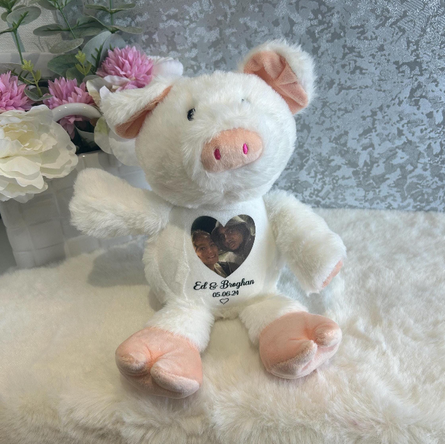 White pig photo memory bear personalised with memorial photograph and wording