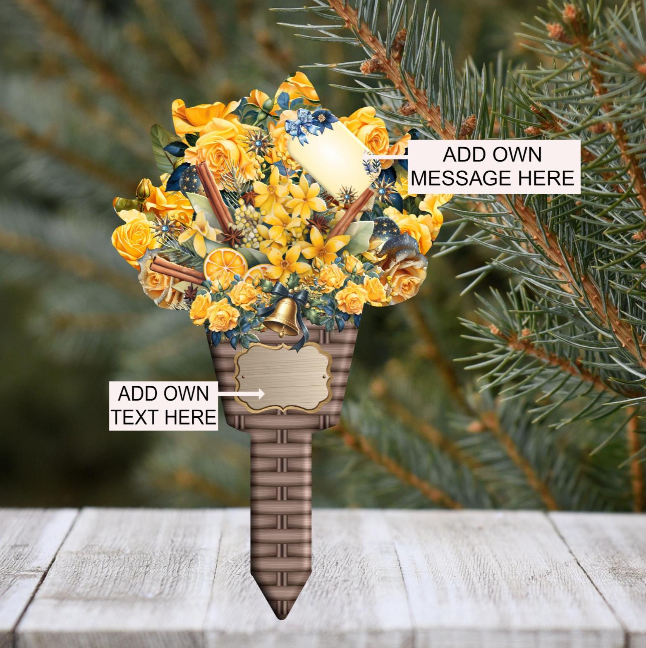 Yellow Christmas memorial flower grave marker with personalised wording