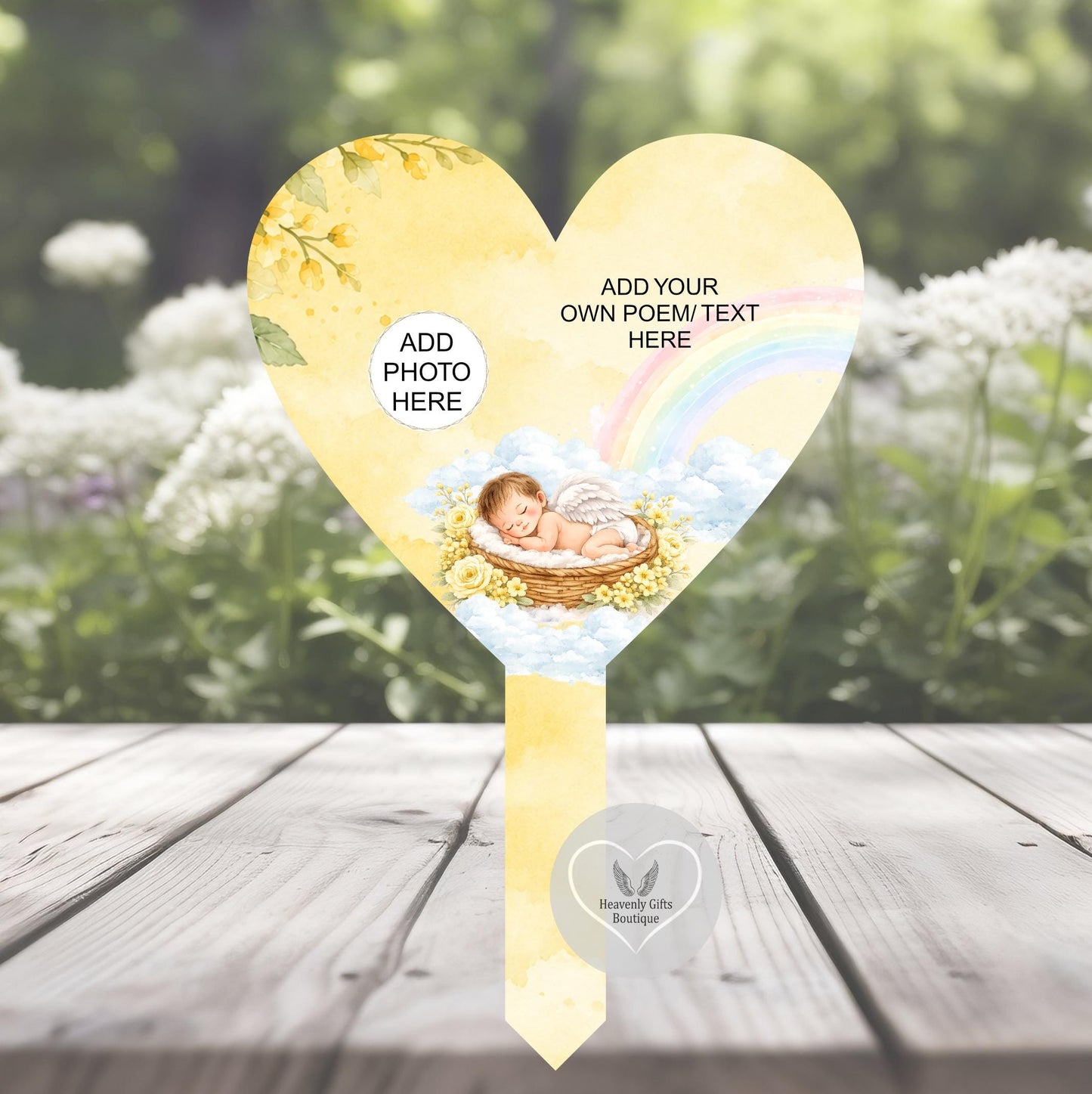 Yellow baby loss grave marker with personalised baby photo and own wording