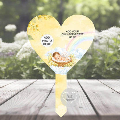Yellow baby loss grave marker with personalised baby photo and own wording