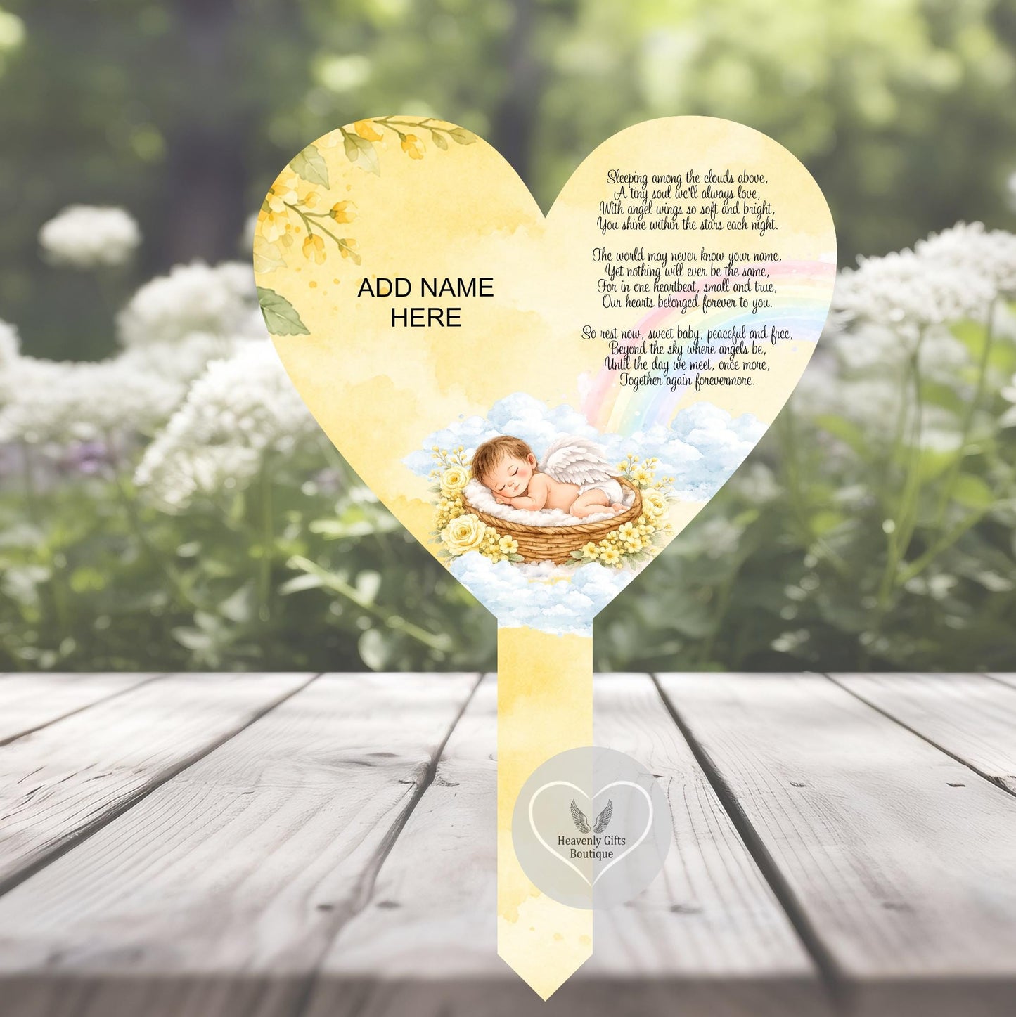 Yellow baby loss memorial grave marker with personalised wording