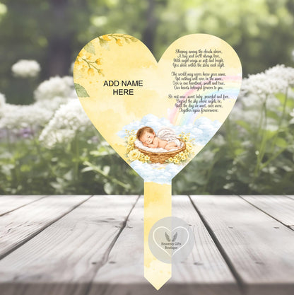 Yellow baby loss memorial grave marker with personalised wording