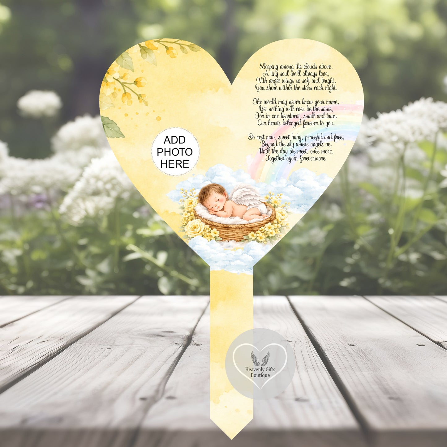 Yellow personalised baby loss grave marker with name and photo remembrance poem